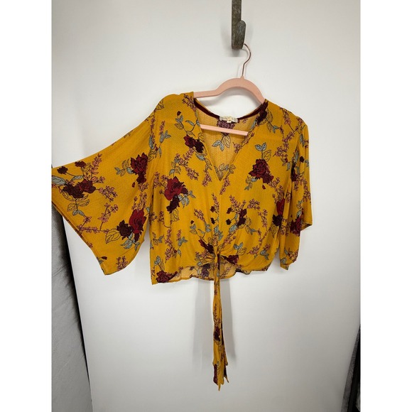 Altar'd State Tops - Altar'd State Crop Top Womens Small Yellow Floral Boho Tie Front Kimono Festival